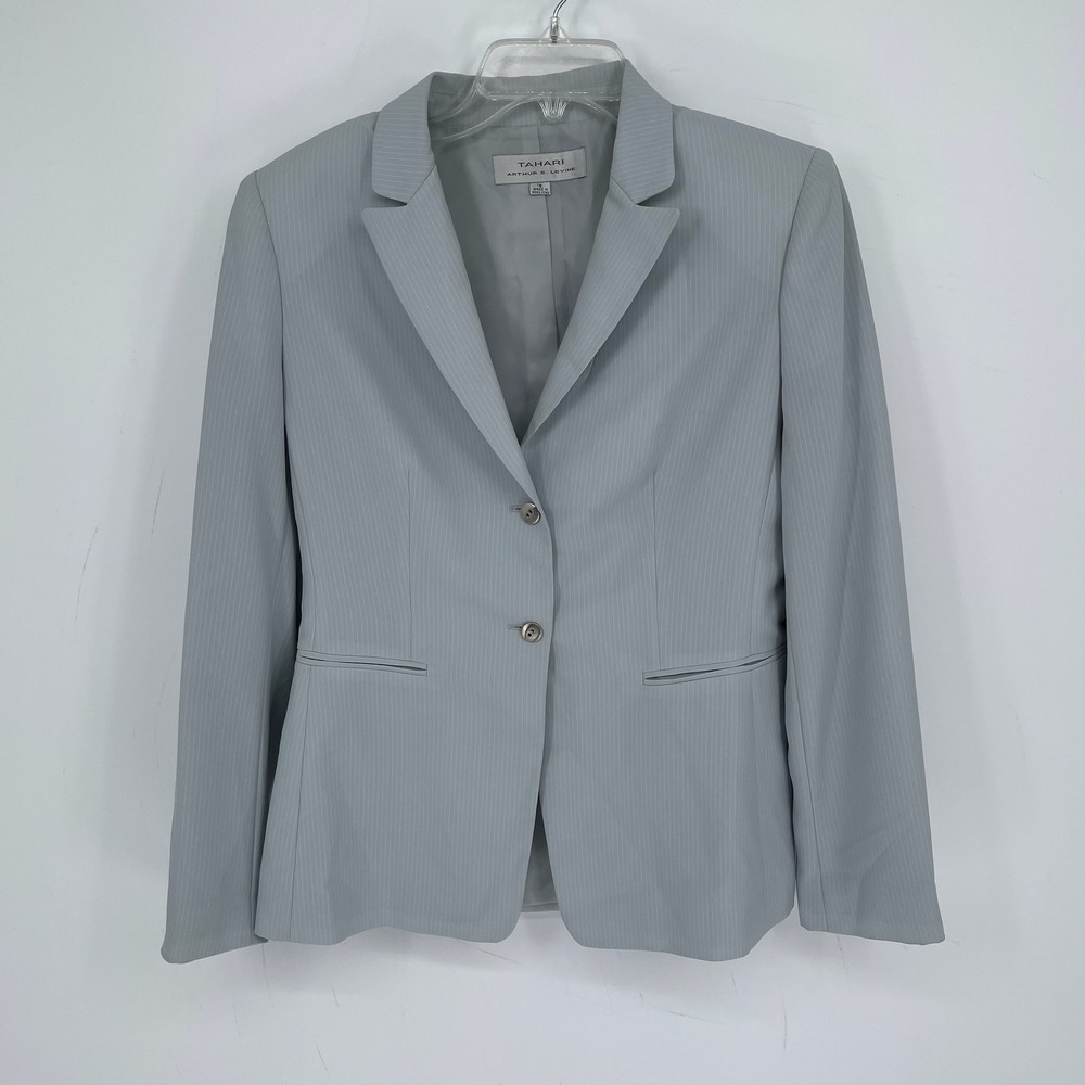 Tahari Women's Light Blue Pinstripe Two Button Career Blazer Suit Jacket Size 8